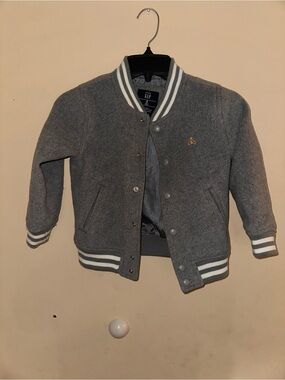 GAP Kids Gray Varsity Jacket with White Stripe Trim